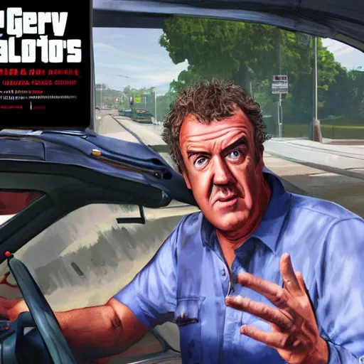 Image similar to Jeremy Clarkson in GTA V, cover art by Stephen Bliss, artstation, no text