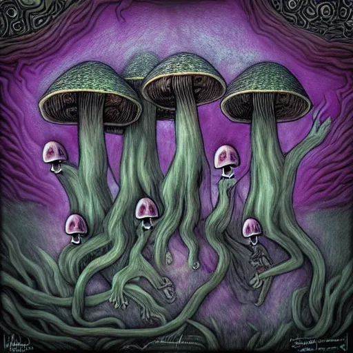 Image similar to the dark and ominous mushroom spirit tribe that wants you to bite off your own tongue so they can keep it for themselves, in a psychedelic darkfantasy style by amanda sage and anton semenov