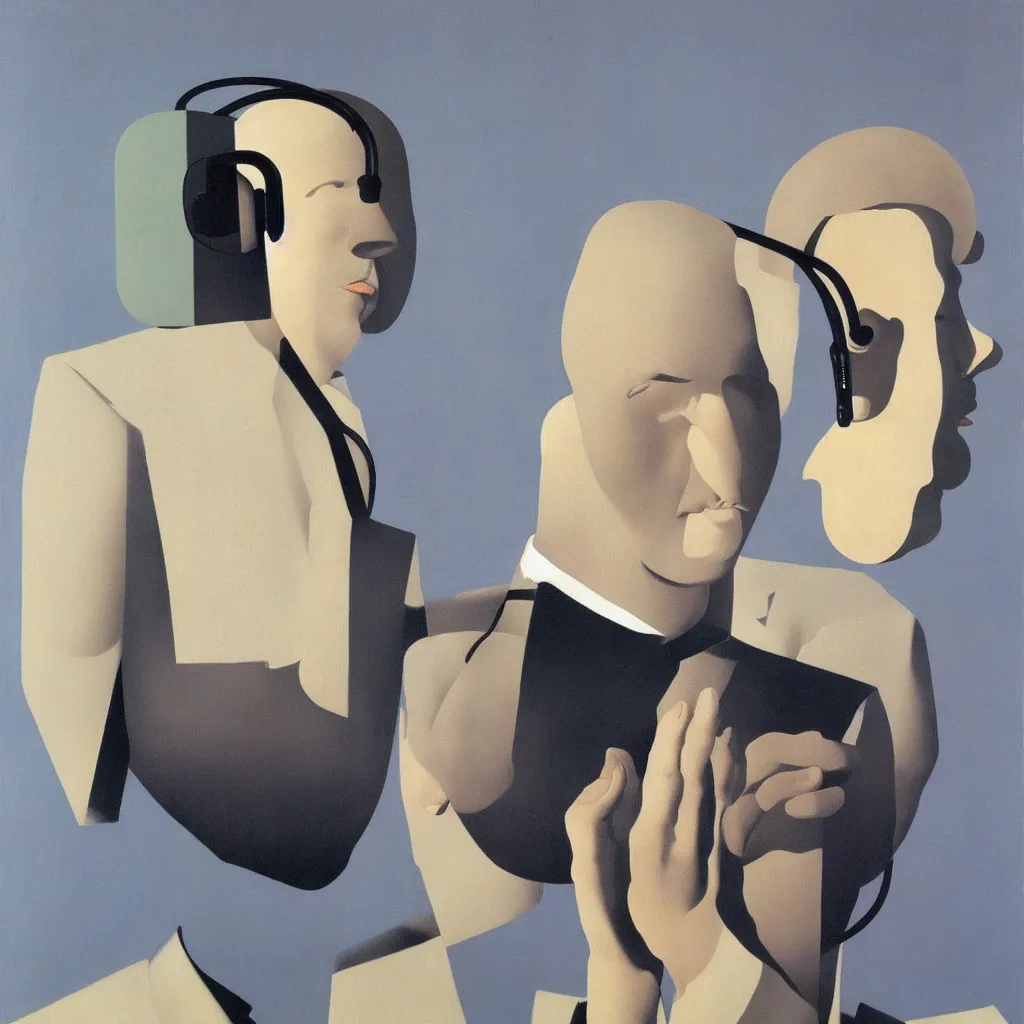 Image similar to i, a man wearing headphone and playing his iphone, by rene magritte