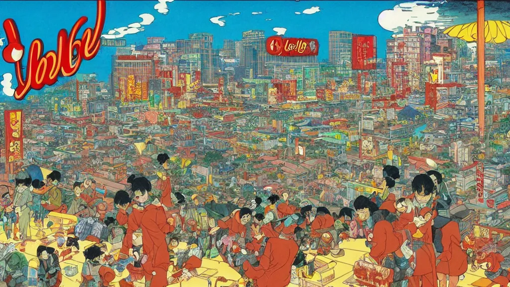 Prompt: Jollibee City after an attack by the swag demons, cityscape, wide shot, illustration, by Moebius, Renoir, Hokusai