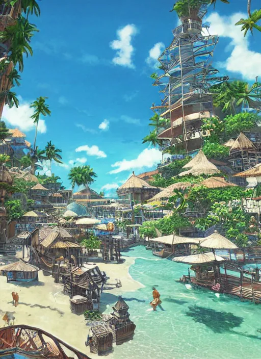 Image similar to Fantasy tropical port town first-person view of the beach. hidari, color page, tankoban, 4K, tone mapping, Akihiko Yoshida.