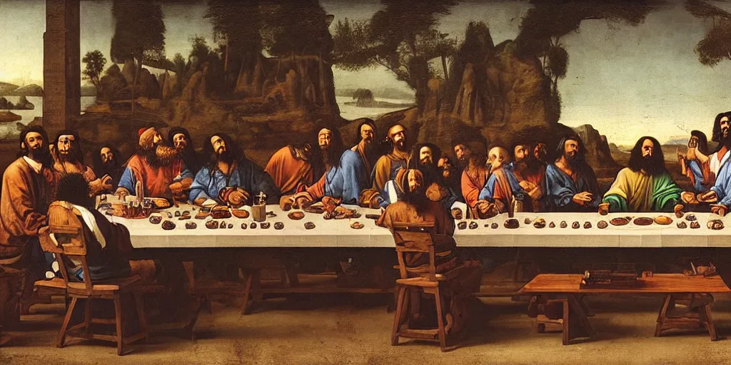 Prompt: a portrait of mac dre, e 4 0, keak da sneak, and the cut throat committee at the table like the last supper by leonardo da vinci. mac dre sits at the center. to his left, in the position of judas, is tech 9.