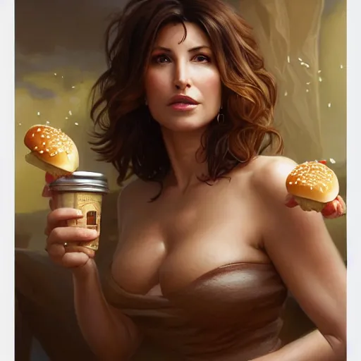 Prompt: portrait of Gina Gershon eating hamburgers, extra onions and ketchup, luscious patty with sesame seeds, feminine ethereal, handsome, D&D, fantasy, intricate, elegant, highly detailed, digital painting, artstation, concept art, matte, sharp focus, illustration, art by Artgerm and Greg Rutkowski and Alphonse Mucha