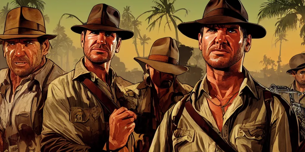 Prompt: indiana jones by himself in gta v, cover art by stephen bliss, boxart, loading screen. 8 k resolution