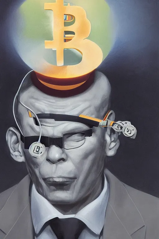 Image similar to sathoshi nakamoto wearing oculus and bitcoin over his head edward hopper and james gilleard, zdzislaw beksisnski, higly detailed