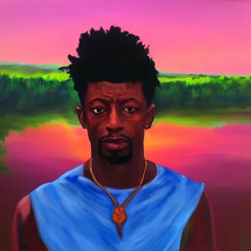 Image similar to painting of a tranquil 21 savage standing close to camera in the style of flooko, acrylic, twilight, glows, detailed,