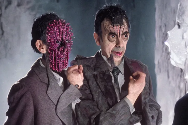 Image similar to VFX movie where Mr. Bean plays Pinhead from Hellraiser production photo