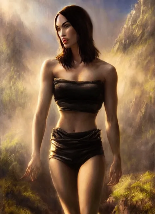 Prompt: megan fox with pixie haircut, beautiful highly detailed face, complementary lighting, backlit, black eyeshadow, grinning, adventure, dramatic lighting, landscape background, beautiful painting by artgerm and greg rutkowski and raymond swanland