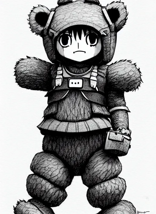 Image similar to beautiful little boy wearing an cyborg bear suit, artwork in kentaro miura and made in abyss and rosdraws, smooth, beautiful lightness, anatomically correct, trending on pixiv, forest