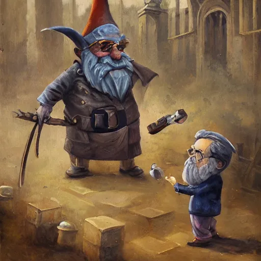 Image similar to an old professor experimenting with deadly gnomes, higly detailed, oil painting, mystic