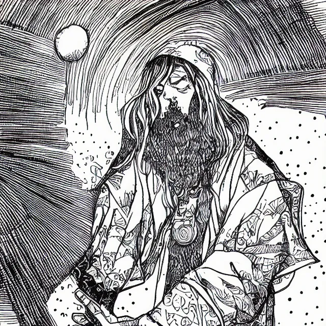 Prompt: black micron pen illustration, a wizard pondering an orb, white background, inktober, highly detailed, artstation hd