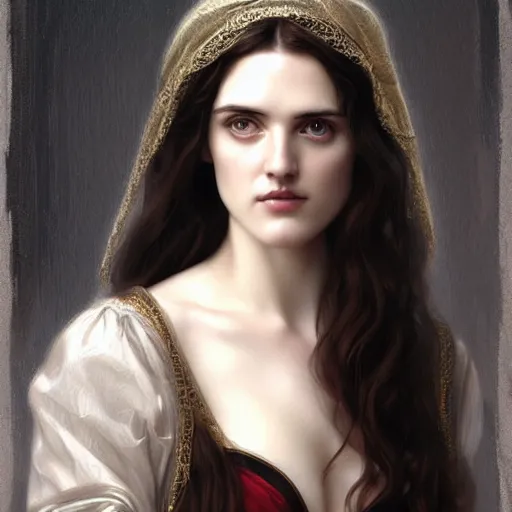 Image similar to beautiful striking Pre-Raphaelite Katie McGrath by Artgerm and Greg Rutkowski, intricate, elegant, highly detailed, digital painting, pale