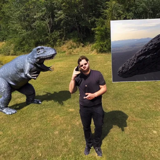 Image similar to T rex taking a selfie with asteroid in background