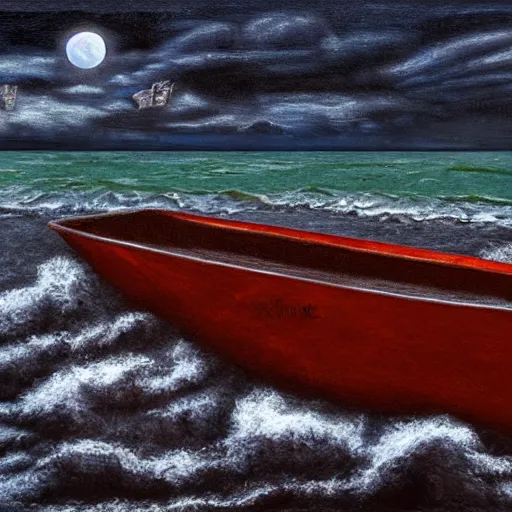 Prompt: warm boat on a black sand beach, digital art, surrealism, dark ominous lonely, oil on canvas, textured painting, american romanticism