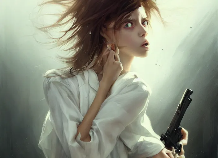 Image similar to white dress girl chasing from crazy grim reaper, holding a gun, messy hair, messy lines, scared face, beautiful and aesthetic and attractive and detailed face, dramatic situation, specular reflection, occlusion shadow, intricate, bokeh, box offic hit, masterpiece, by ilya kuvshinov and jeremy lipking and quentin mabille