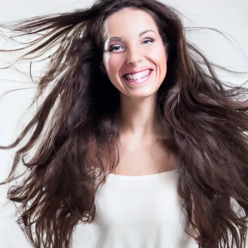 Image similar to a beautiful studio photo portrait of a long haired brunette woman, happy and smiling, dynamic pose