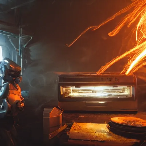 Image similar to cyborg toaster oven repairman, dark messy smoke - filled cluttered workshop, dark, dramatic lighting, orange tint, sparks, plasma rays, cinematic, highly detailed, sci - fi, futuristic, movie still