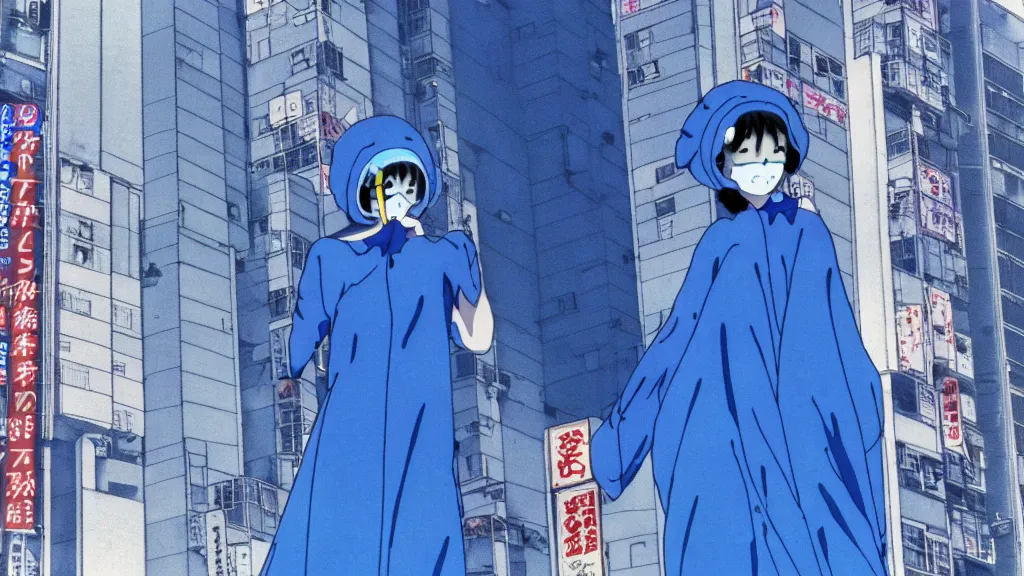 Prompt: a woman in a blue dress wearing a blue mantra ray mask falling from a building in Tokyo , anime film still from the an anime directed by Katsuhiro Otomo with art direction by Salvador Dalí, wide lens