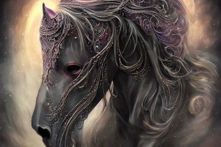 Image similar to a wlop 3 d render of very very very very highly detailed beautiful mystic portrait of a phantom undead horse with whirling galaxy around, tattoos by anton pieck, intricate, extremely detailed, digital painting, artstation, concept art, smooth, sharp focus, illustration, intimidating lighting, incredible art,