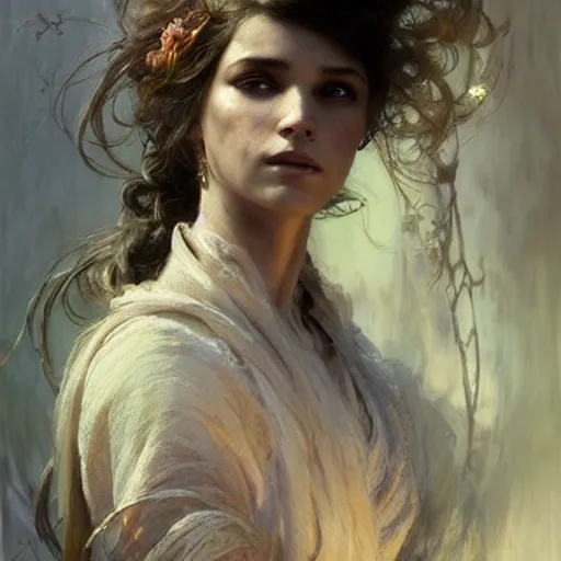 Image similar to woman modestly dressed in linen, fantasy character portrait, ultra realistic, concept art, intricate details, highly detailed by greg rutkowski, gaston bussiere, craig mullins, in style of alphonso mucha