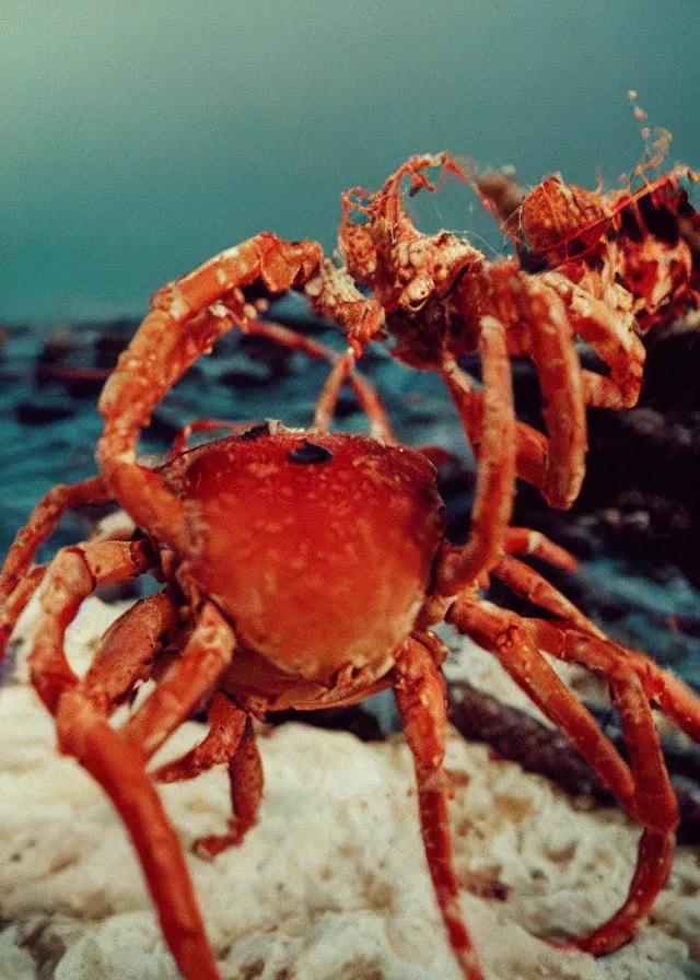 Image similar to live action mr krabs, portrait photo taken by annie leibovitz, dramatic lighting, 8 5 mm f / 2. 4, kodak portra, color film