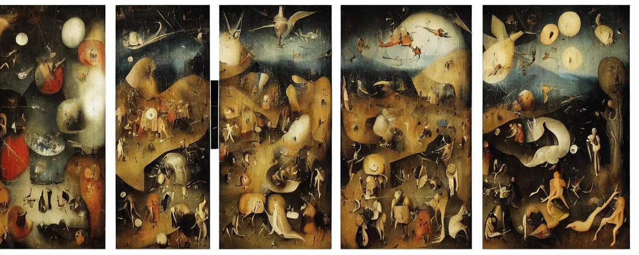 Image similar to World Peace Triptych by Hieronymus Bosch, surreal oil painting, highly detailed, dream like, masterpiece