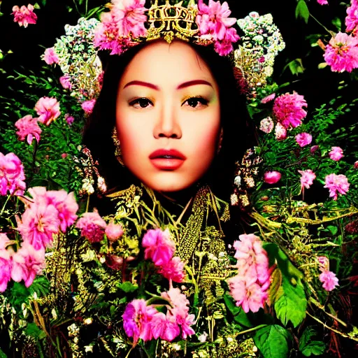 Prompt: photography of the asian queen sitting in the flower thorn, beautiful face, masterpiece costume, jewellery, high quality, elegant, emotionally touching, cool, deep gaze, mystery, tenderness, david lachapelle style