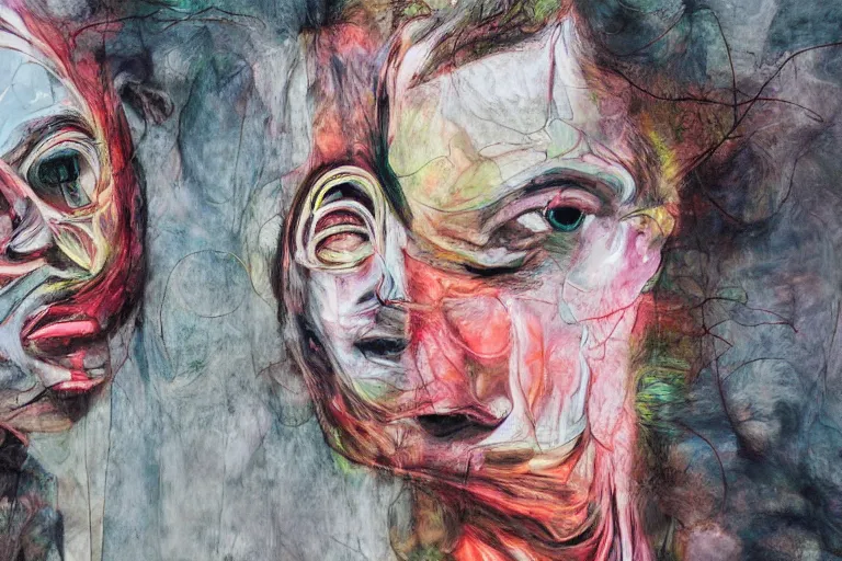 Image similar to Two still figures facing camera, They are emotional. Chaotic, glitch art aesthetic, collage folded, ethereal painting in the style of Francis Bacon