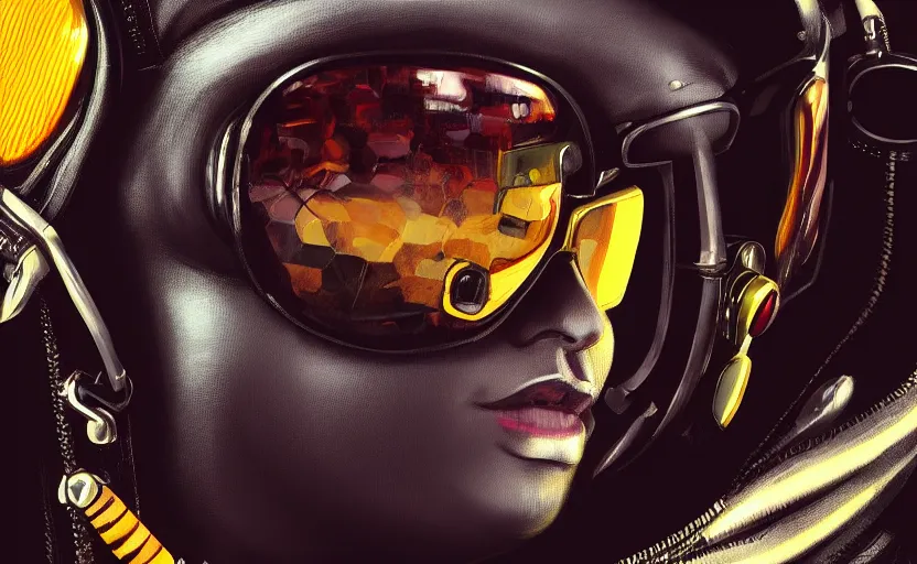 Prompt: closeup painting of bee, cyberpunk, wearing shades and leather jacket, portrait, hyperdetailed, artstation, cgsociety, 8 k, synthwave by tangerine dream