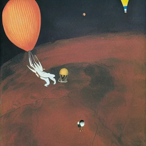 Prompt: astronauts arriving in mars on a hot air ballon, by francis bacon