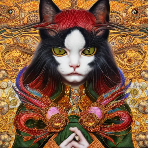 Image similar to tilework of cats by Chie Yoshii and Casey Weldon and Guillermo del toro and , ornate, dynamic, particulate, rich colors, intricate, elegant, highly detailed, centered, digital painting, artstation, concept art, smooth, sharp focus, illustration, octane render