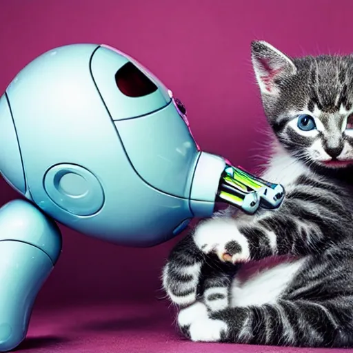 Prompt: a robot cuddling kittens