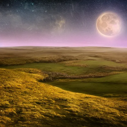 Prompt: a vast ethereal misty landscape on the yorkshire moors under a starry night sky with craggy cliffs in the distance, giant super moon, amethyst citrine opal, muted pastel tones, david attenborough nature documentry footage, ultra high definition, 8 k,
