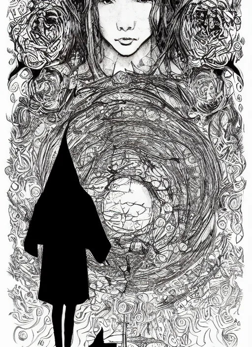 Image similar to golden elements at borders, portrait, A young witch and a crow in front of the full big moon, creative book cover, winner of design award, red roses, red white black colors, establishing shot, extremly high detail, foto realistic, cinematic lighting, pen and ink, intricate line drawings, by Yoshitaka Amano, Ruan Jia, Kentaro Miura, Artgerm, post processed, concept art, artstation, matte painting, style by eddie, raphael lacoste, alex ross