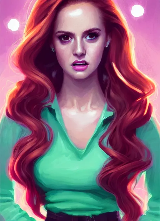 Image similar to full body portrait of teenage cheryl blossom, bangs, green eyes, sultry expression, red hair, sultry smirk, bangs and wavy hair, pink skirt, intricate, elegant, glowing lights, highly detailed, digital painting, artstation, concept art, smooth, sharp focus, illustration, art by wlop, mars ravelo and greg rutkowski