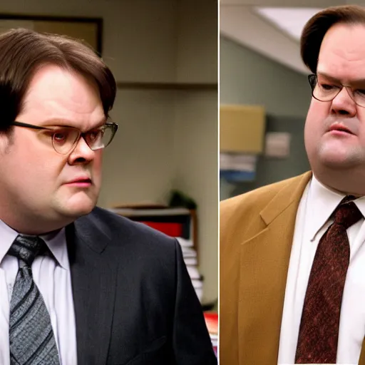 Image similar to dwight schrute pretending to be brian baumgartner