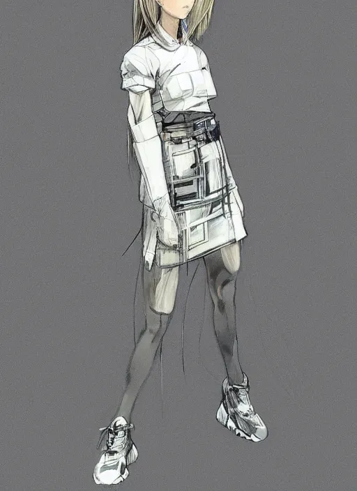 Prompt: a yoji shinkawa full body sketch of an architect girl with long hair and skinny legs wearing a puffy japanese kimono designed by balenciaga, a short holographic skirt and yeezy 5 0 0 sneakers