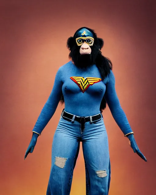 Prompt: a Chimpanzee, dressed as Wonder Woman, wearing tight fit Blue Jean pants and Sunglasses, photographed in the style of Annie Leibovitz, photorealistic