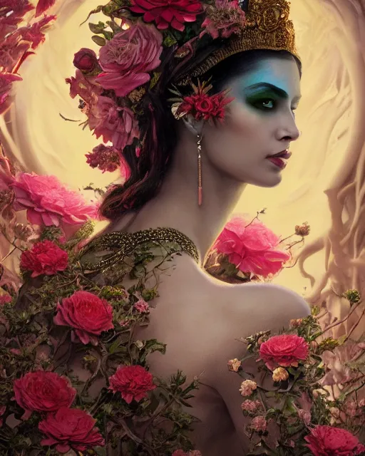 Image similar to portrait of the arab queen of the underworld, surrounded by flowers by karol bak, james jean, tom bagshaw, rococo, sharp focus, trending on artstation, cinematic lighting, hyper realism, octane render, 8 k, hyper detailed.