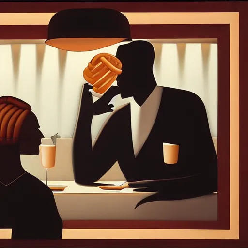 Prompt: woman and man at a restaurant by kenton nelson