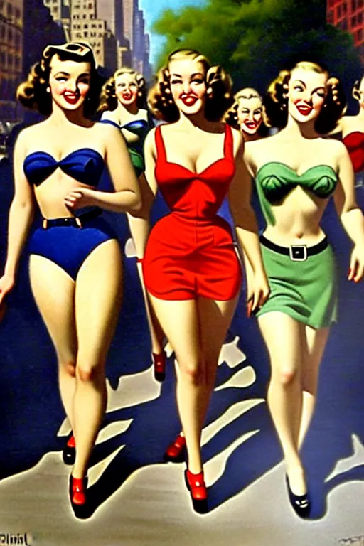Image similar to 1940s group of pinup bikini girls walking down the street in 1940s Manhattan, oil painting, by Gil Elvgren