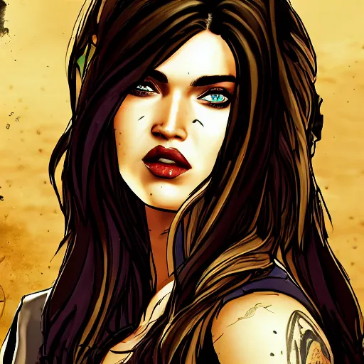 Image similar to megan fox portrait, borderlands, tales from the borderlands, the wolf among us, comic, cinematic lighting, studio quality, 8 k