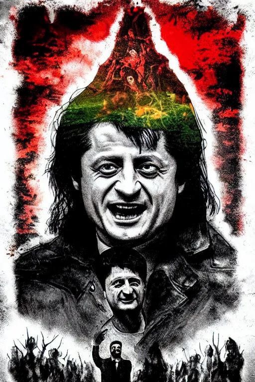 Image similar to president zelensky is in hell, art in the style of a poster for horror films in a cinema, detailed art in color