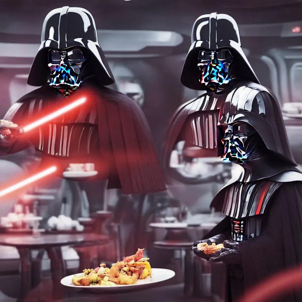 Image similar to darth vader eating in a space diner, photo, 4k