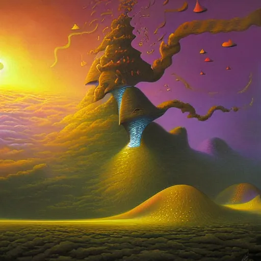 Prompt: a surreal painting of an ethereal dream world by Vladimir Kush and Paul Lehr, highly detailed, 4k digital art