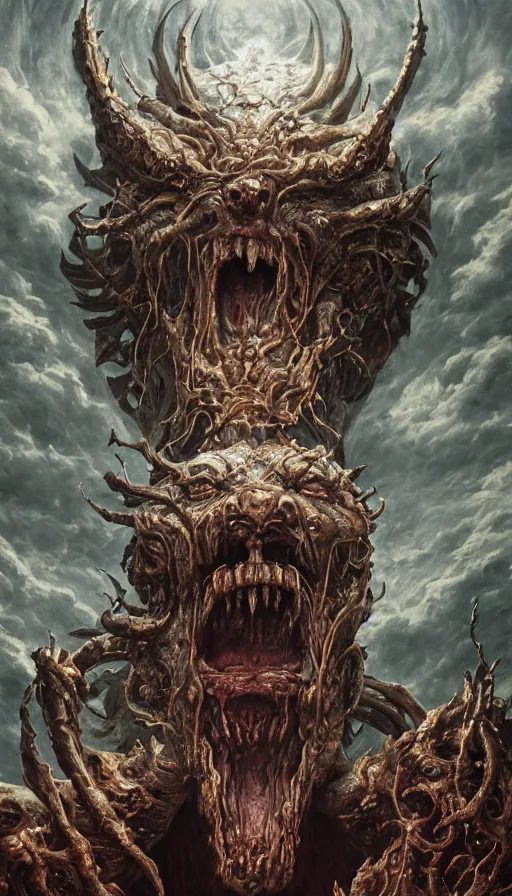 Image similar to Elden Ring and Doom themed painting of screaming majestic demon king, intricate artwork by Artgerm, Johnatan Wayshak, Zdizslaw Beksinski, Darius Zawadzki, H.R. Giger, Takato Yamamoto, masterpiece, very coherent artwork, cinematic, high detail, octane render, unreal engine, 8k, High contrast, golden ratio, trending on cgsociety, ultra high quality model, production quality cinema model