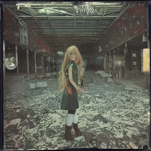 Prompt: atmospheric Polaroid photo of Marisa kirisame cosplayer in an abandoned mall