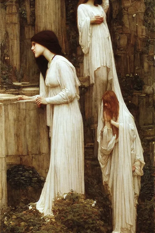 Image similar to beautiful woman in white robes by john william waterhouse, preraphaelite style, detailed, defined, chiaroscuro