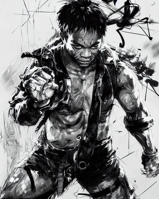 Prompt: Tony Jaa getting ready to fight in the style of Yoji Shinkawa, in the style of leonard boyarsky, detailed illustration