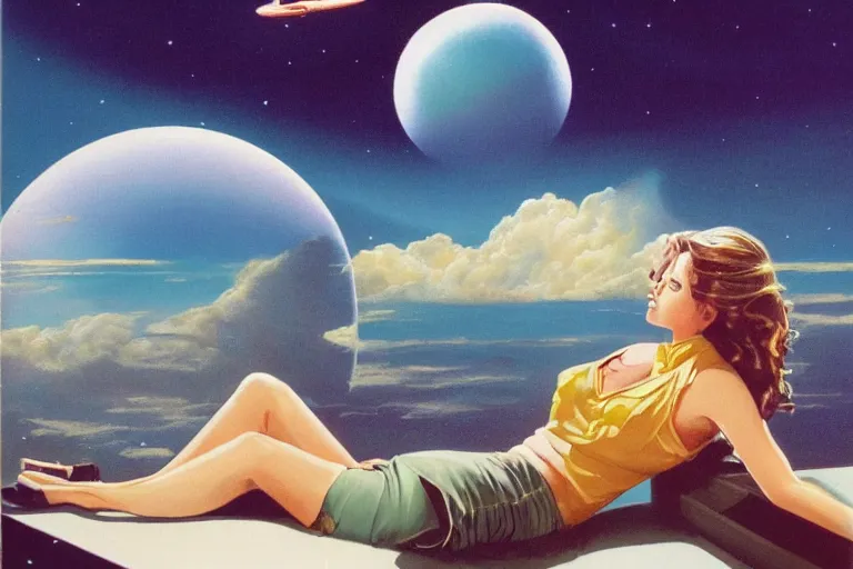 Prompt: a beautiful girl relaxing on a cloud by angus mckie, portrait,